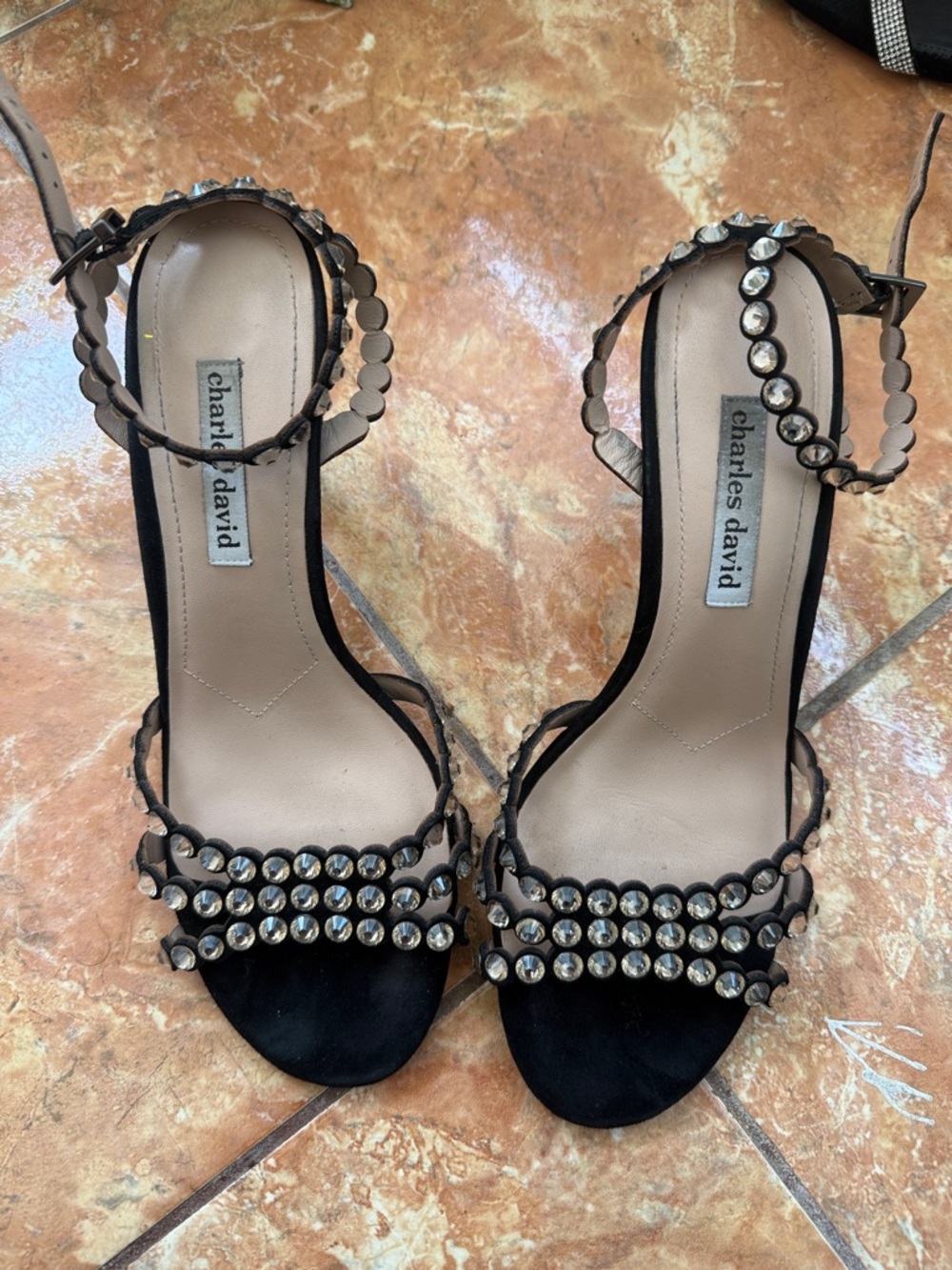 Charles David Black Crystal-Studded Ankle-Strap Heels